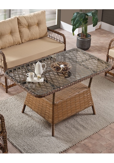 Breda Rattan Örgü Bahçe Balkon Takımı 2+1+1 Cam Masalı Kahve Kahve