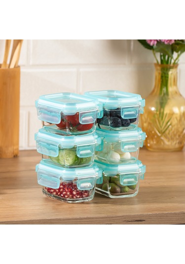 Porsima 4373 6lı Sızdırmaz Kilit Kapaklı Yiyecek Erzak Saklama Kabı Seti - Cam Saklama Kabı - 150ml Yeşil Şeffaf