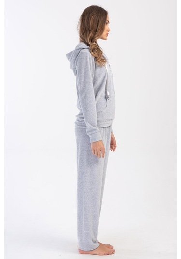 Kadın Kadife Fermuarlı Kapüşonlu Gri Melanj Takım C8t6n2o304 001