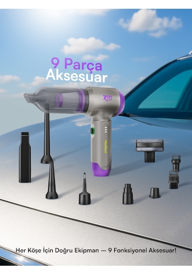 7go 7gab-02 Kablosuz Araç İçi Süpürge 18.000pa Güçlü Emiş Fırçasız Motor 6000mah Batarya Toz