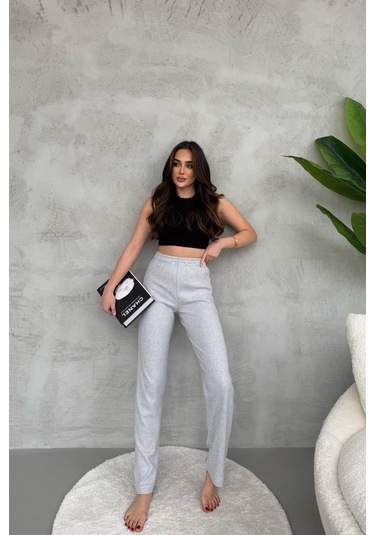 Kadın Gri Yüksek Bel Fitilli Bol Paça Günlük İnce Eşofman Altı Gri