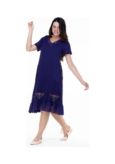 Kısa Kol Şile Bezi Mehtap Midi Boy Nakış Detaylı Elbise Mor Mor-mor