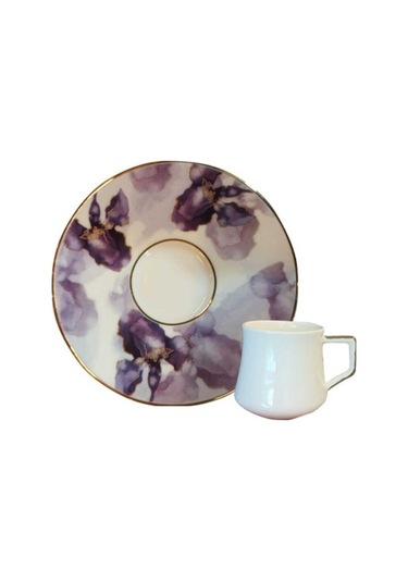 Evaliza Buket Mor Çiçek 80ml 6 Kişilik Kahve Fincan Takımı Mor