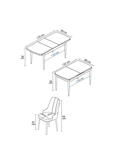 Mabel Siyah Mermer Desen 80x132 Açılabilir Yemek Odası Takımı 6 Adet Sandalye Kahverengi