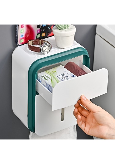 Skycity Banyo Tuvalet Kağıdı Kutusu, Su Geçirmez Duvar Tipi, Delme Yok Kurulum, Çok Amaçlı Malzeme Depolama Rakımı, Gri+yeşil 2 Adet Diğer