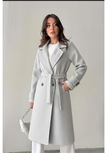 Neşeli Butik Kadın Kuşak Detaylı Astarlı Kaşe Kaban Nbg120 Gri