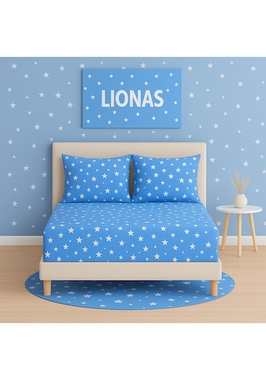 Desenli 180 X 200 Cm Battal Boy Mavi Yıldız Lastikli Çarşaf Ve 2 Adet Yastık Kılıfı Mavi