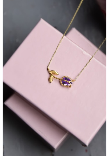 Papatya Silver 925 Ayar Gümüş Gold Kaplama Mor Taşlı Lale Kolye