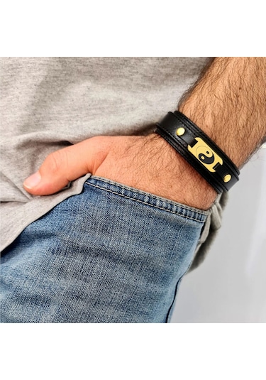 Archin Yin Yang Temalı Doğal Siyah Derili Oval Motifli 14 Ayar Altın Plakalı Hediye Bileklik-438sembol Yin Yang