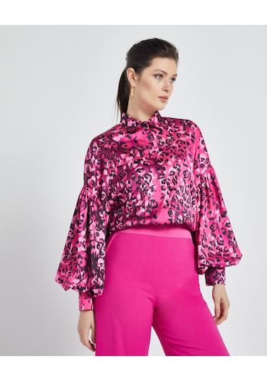 Kadın Leopar Desenli Gömlek - Balon Kol - Saten - Modern Ve Şık Tasarım - Günlük Ve Özel Gün Kullanımı İçin Gömlek Fuşya