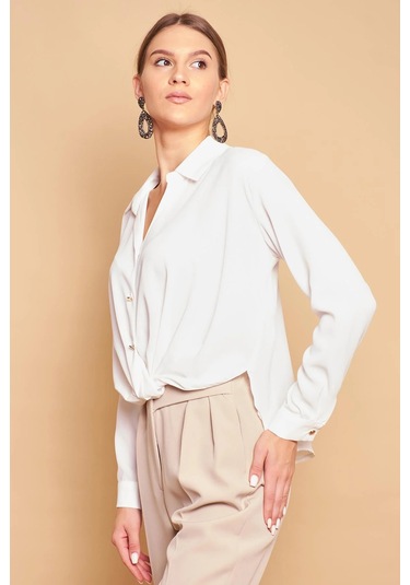 Yakalı Önü Pileli Uzun Kol Likrasız Şık Kumaş Gömlek-krem Krem
