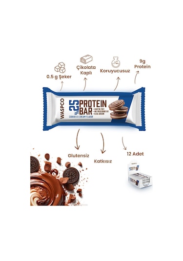 Waspco Bitter Çikolata Kaplı Bisküvi Aromalı Protein Bar 36G x 12 Adet