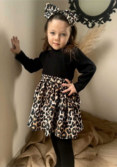 Kız Çocuk Desenli Triko Bandana 3lü Doğum Günü Günlük Hediye Elbise Takım Çok Renkli