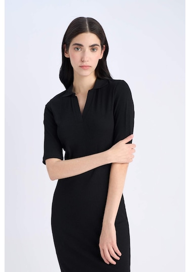 DeFacto Bodycon Vücudu Saran Polo Yaka Fitilli Kaşkorse Kısa Kollu Midi Elbise E6806AX25SPBK27