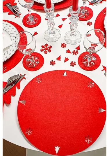 Yılbaşı Temalı Supla Seti 4 Kişilik Kırmızı Keçe, 3mm, Bardak Altlığı Ve Peçetelikli Kırmızı