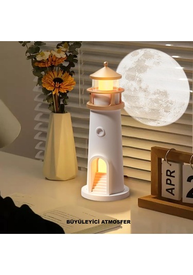 Hymark Deniz Feneri Projektör Ay Led Gece Lambası Kumandalı Kısılabilir Zamanlama Krem Üzeri Gold Patineli