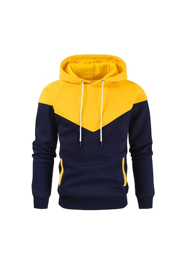 Erkek Patchwork Kapşonlu Kazak Hoodies Giyim Rahat Gevşek Polar Sıcak Sokak Giyimi Erkek Moda Sonbahar Kış Spor Dış Giyim Sarı