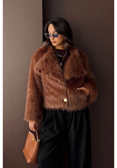Kadın Vintage Peluş Tüylü Crop Ceket Altın Düğmeli Bisiklet Yaka Kışlık Şık Ceket Açık Kahve
