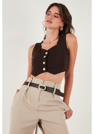 Lela Slim Fit Kalp Yaka Düğmeli Kalın Askılı Crop Bayan Yelek 5865497 Kahve