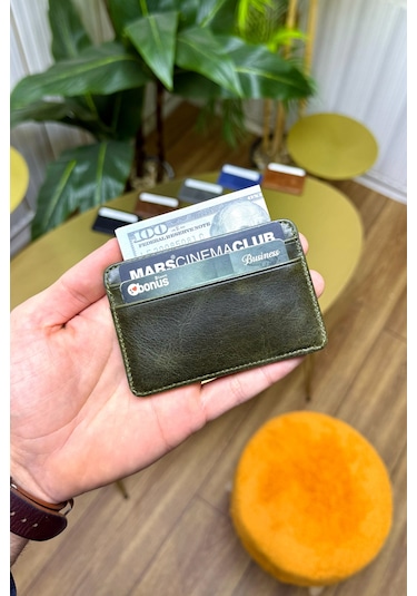 Unisex Antik Yeşil Mini Design Hakiki Deri Kartlık Cüzdan Erkek - Kadın Yeşil