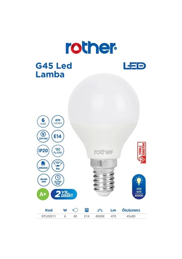 Rtl09211-5 Rother G45 Led Ampul 6w E14 470 Lümen 4000k Gün Işığı Enerji Tasarruflu Ampul 5 Adet