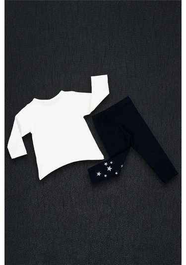 Kız Bebek Beyaz Lacivert Baskılı Mevsimlik Tişört Tayt Takım Beyaz - Siyah
