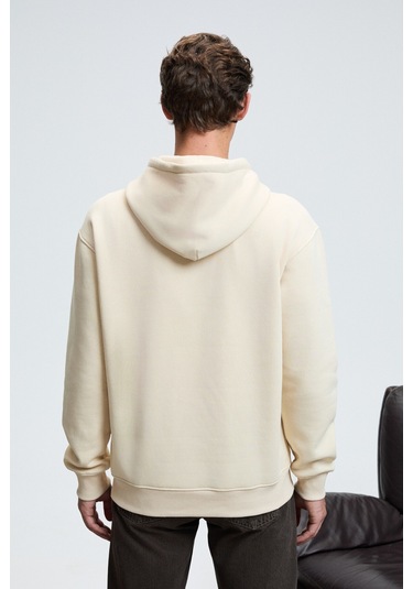 JUSTUS Erkek Kapüşonlu Kanguru Cepli Fermuar Yakalı Krem Sweatshirt