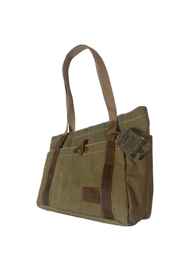 Vintage Salaş Design Su Geçirmez Kanvas Deri Günlük Okul Gezi Omuz Kol Çantası 35x28cm Camel