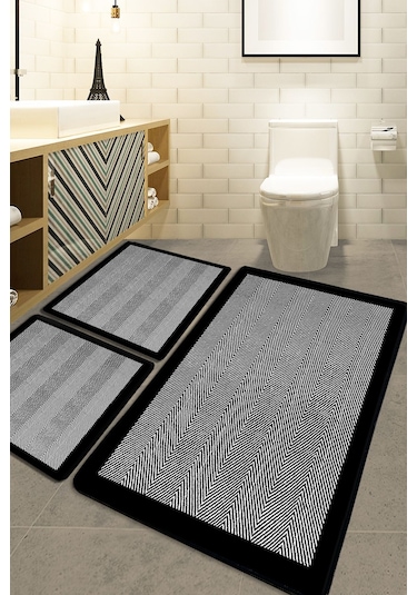 3 Lü Banyo Paspas Takımı Kaymaz Tabanlı Yıkanabilir Siyah B1255 Siyah - Gri