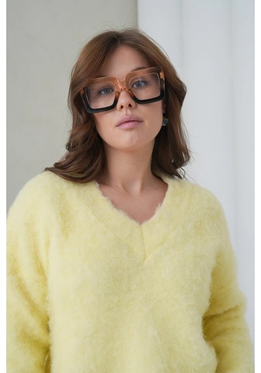 Kadın V Yaka Sakal Dokulu Şardonlu Oversize Triko Kazak 8695 Sarı