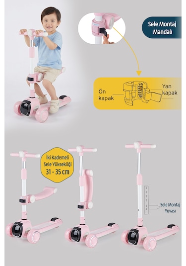 Prego Flow Müzikli Işıklı Oturaklı Çocuk Scooter Katlanabilir - Yükseklik Ayarlı Pembe