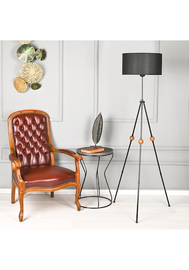 Ahşaplı Tripod Lambader Siyah