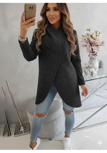 Kırçıllı Siyah Kadın Asimetrik Fermuarlı Oversize Kapüşonlu Sweatshirt Kalın Kumaş Rahat Günlük Tarz Füme