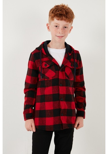 Lela Kapüşonlu Çift Cepli Ekoseli Oduncu Erkek Çocuk Gömlek Cf25W81787 Kırmızı