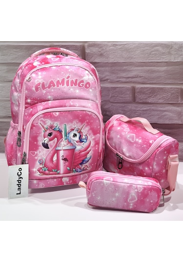 İlkokul Çantası Kız Çocuğu 3'lü Set Pembe İlk Okul Çantası Karakter Baskılı Sarı