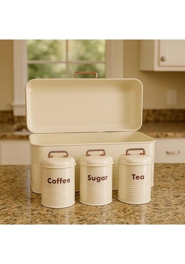 4 Lü Mutfak Seti Ekmeklikçay Kahve Şekerlik Krem 43x20 Krem