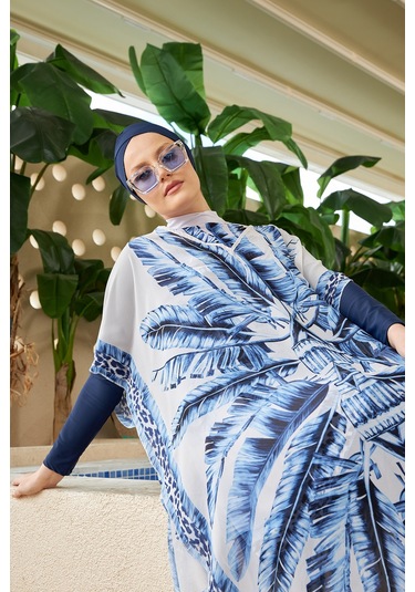 Remsa Mayo Tesettür Mayo Üzerine Desenli Tek Kaftan Pareo 430-301 Maldiv Mavi Mavi