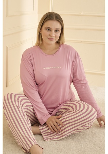 Mihra Kadın Pijama Takımı Büyük Beden & Battal Uzun Kol Pembe