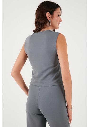 Lela Streç Fitted Fit V Yaka Düğmeli Bayan Yelek 5865971 Füme
