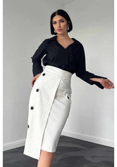 Beyaz Çizgili Poliviskon Etek Beyaz