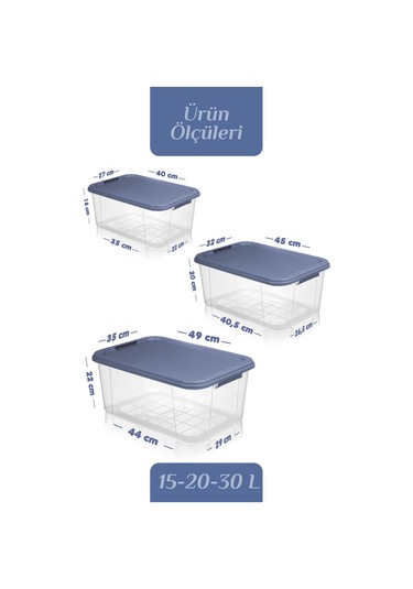 3'lü 15-20-30 L Çok Amaçlı Saklama Kabı Seti - Kilitli Kapak Banyo Mutfak Düzenleyici Saklama Kutusu Mavi
