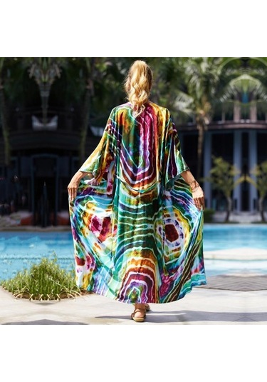 Edolynsa Yeşil Leopar Desenli Mayo Cover-up Vintage Şerit Kendinden Kemerli Kadın Yaz Uzun Kimono Elbise Plaj Bikini Cover-up Q1521 Mor