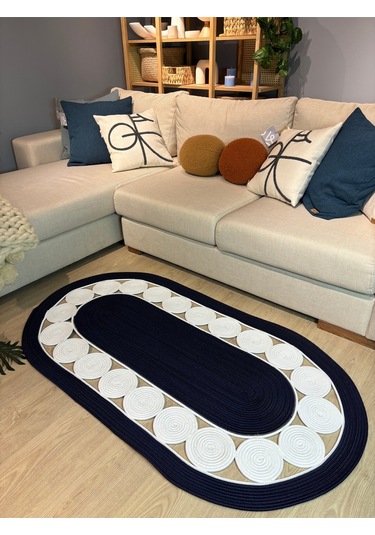 Cookie Jüt Hasırlı El Örgüsü Kilim Lacivert - Beyaz