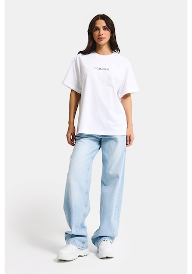 Itsbasic Kadın Beyaz S6-127 Oversize Glamour Baskılı %100 Koton T-shirt