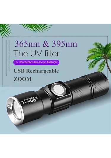 MSO Ultraviyole USB Şarjlı 365nm & 395nm Değerli Taş & Epoksi Led Fener Siyah
