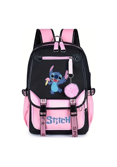 Wangxi Disney Stitch Pembe 2 Buyuk Kapasiteli Sirt Cantasi Sevimli Pembe Siyah Tasarim Hafif Polyester Seyahat Cantasi Pembe 2