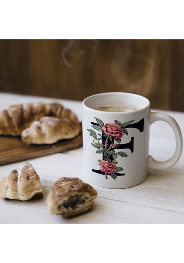 F Baş Harf Kırmızı Güller İle Sarılı Bardak 330 Ml Kişiye Özel Çiçekli Hediye Beyaz