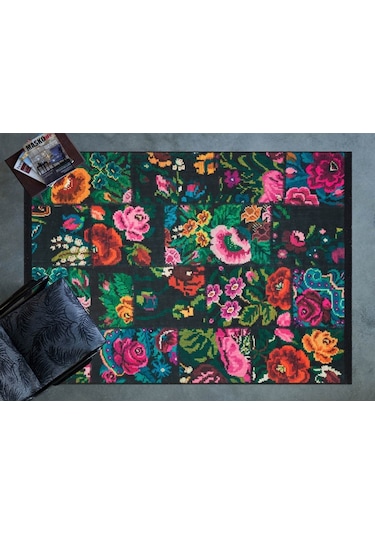 Çam Halı Gloria Td3251 Siyah Karabağ Patchwork Desen Dokuma Saçaklı Kilim