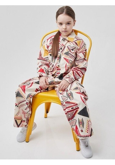 Kız Çocuk Etnik Desenli Tasarım Kot Ceket-13812 Kırmızı