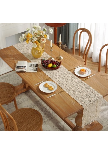 Genişletilmiş Ve Dikişli Rustik Örme İçi Boş Masa Örtüsü, Ebat: 30x300cm Phoenix Çift Dikiş Çok Renkli